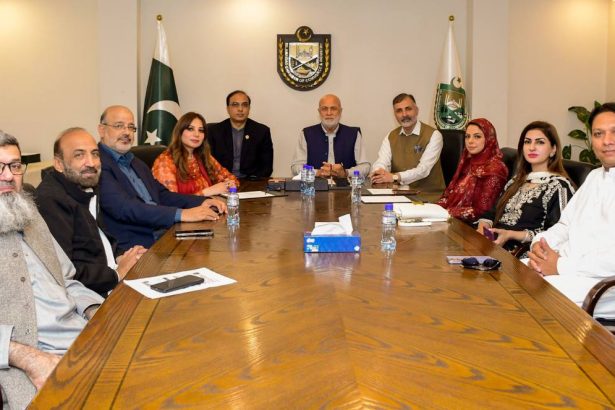Group of twelve professionals seated around a long wooden conference table in a formal meeting room, with flags and a crest on the wall behind them.