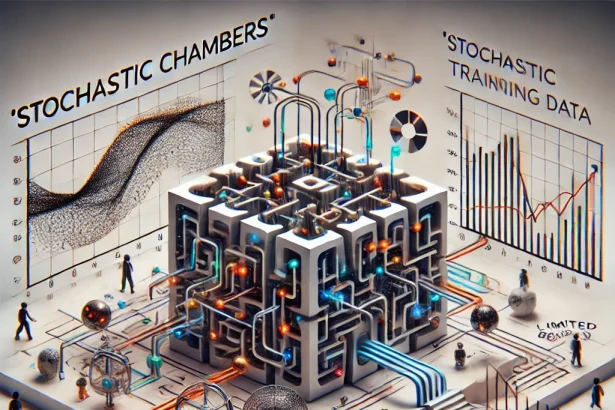 Abstract data-processing machine at center with glowing tubes and cables, set on a platform with data labels and surrounding charts and graphs about training data and stochastic processes