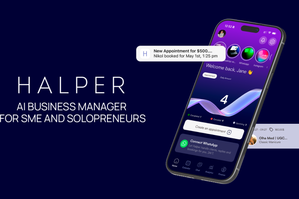 Hero banner with a tilted smartphone showing the Halper AI app on a dark blue background; large text reads 'HALPER AI BUSINESS MANAGER FOR SME AND SOLOPRENEURS'.