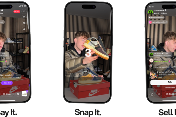 Three iPhone screens show a live sneaker unboxing stream: left screen with host speaking, middle screen a hand holding a Nike shoe, right screen with chat and bid UI visible.