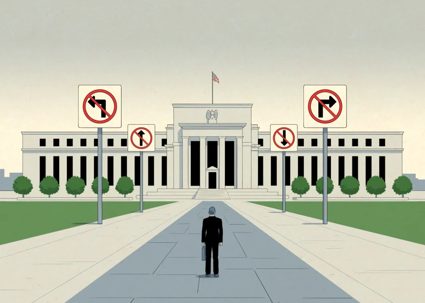 Illustration of a man standing before the Federal Reserve building surrounded by contradictory directional signs