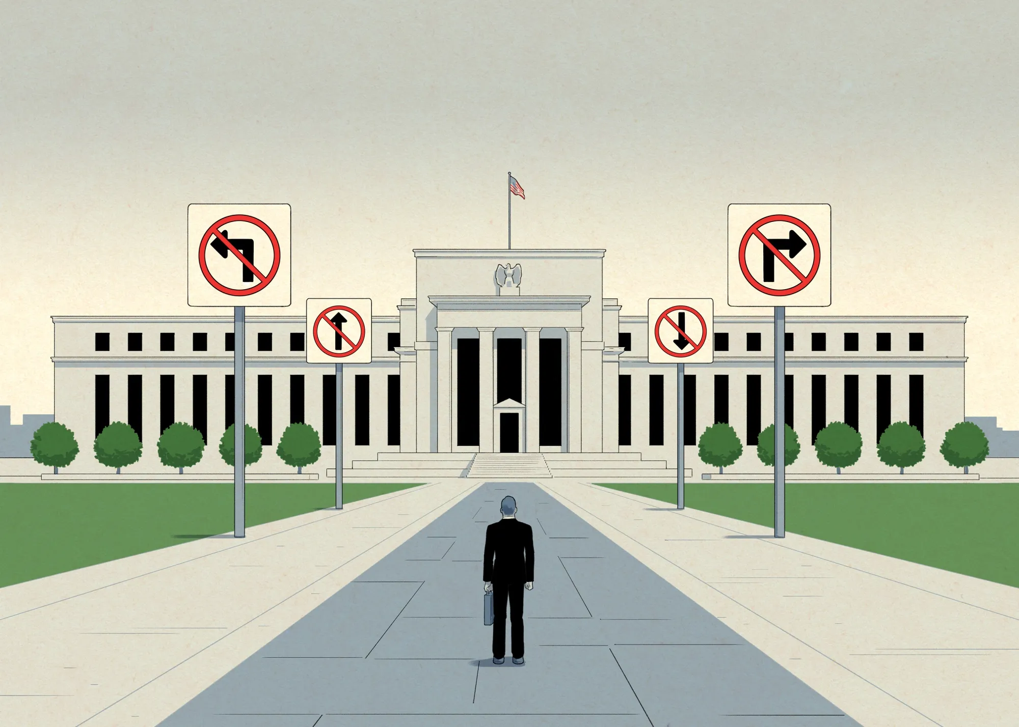 Illustration of a man standing before the Federal Reserve building surrounded by contradictory directional signs