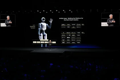 Nvidia CEO Jensen Huang presenting on stage at GTC Berlin